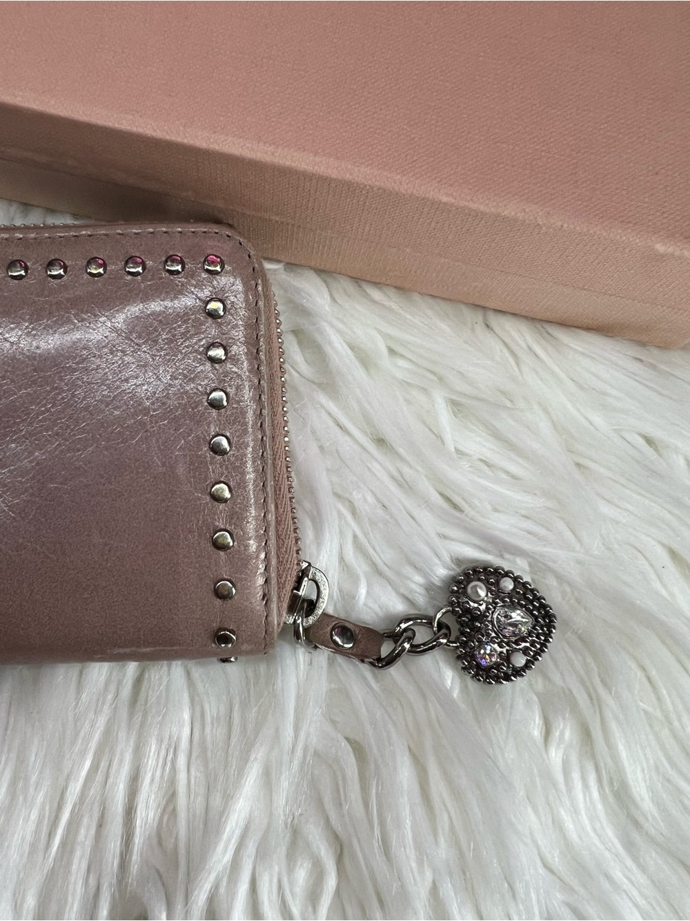 Miu Miu Pink Studded Leather Zip Wallet with Heart Charm - Picture 8 of 9